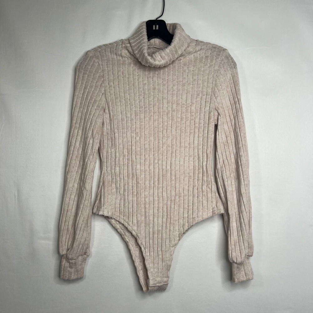 Soft Beige Ribbed Turtleneck Bodysuit Womens Size S Long Sleeve Neutral‎ Cozy